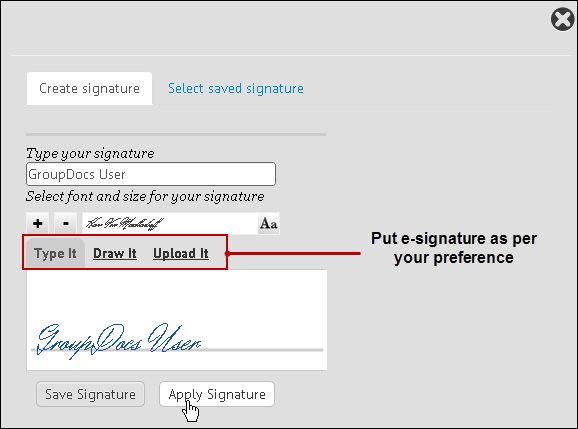 GroupDocs&rsquo; online signature app interface - Signing options