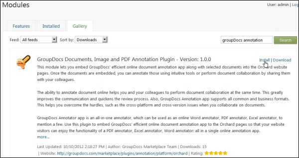 Install GroupDocs&rsquo; annotation app plugin directly from the Orchard Gallery